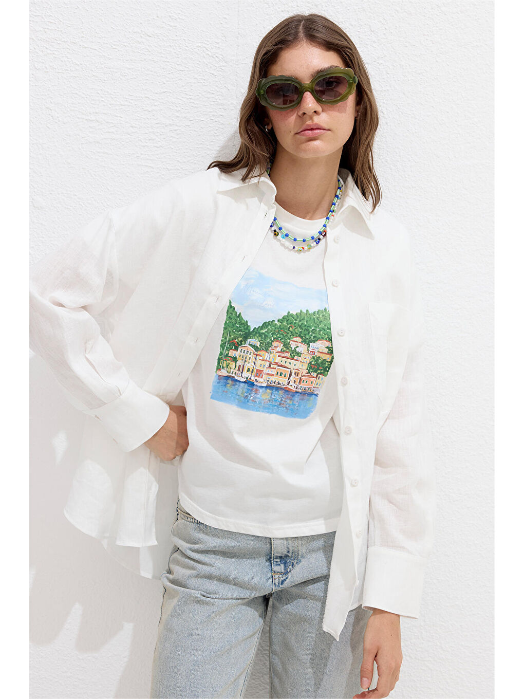 İnce Keten Oversize Gömlek Ekru