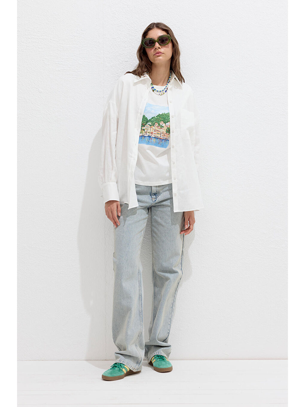 İnce Keten Oversize Gömlek Ekru-1