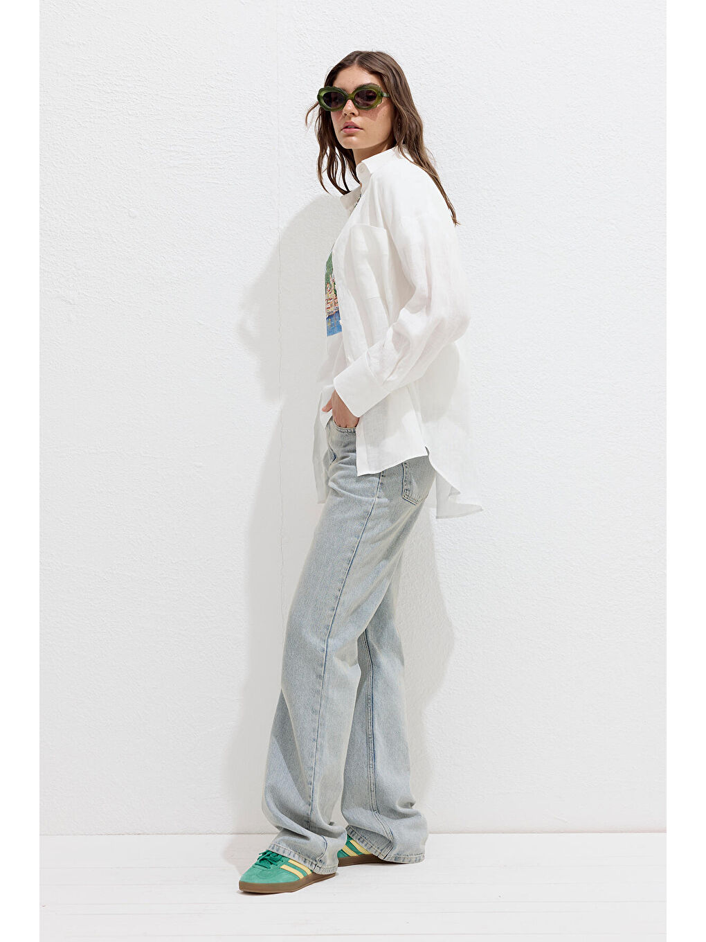 İnce Keten Oversize Gömlek Ekru-3