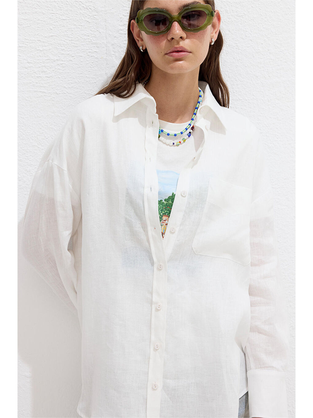 İnce Keten Oversize Gömlek Ekru-4