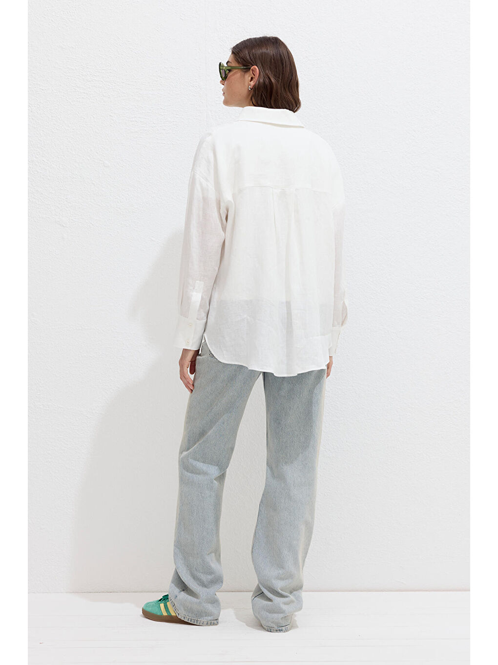 İnce Keten Oversize Gömlek Ekru-5