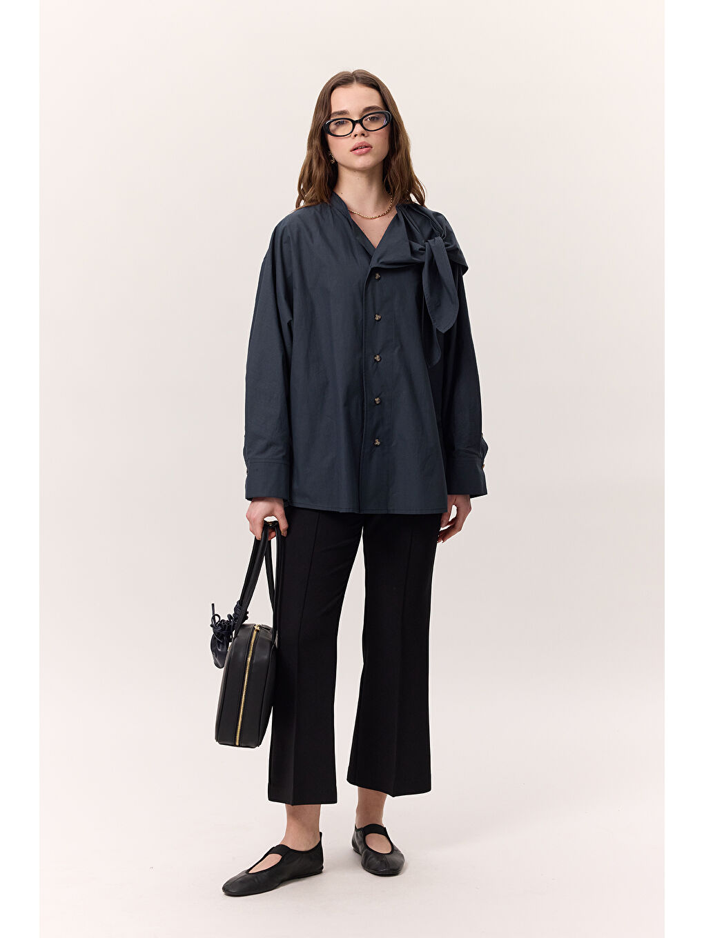 Bağlamalı Detaylı Tasarım Gömlek Lacivert-2