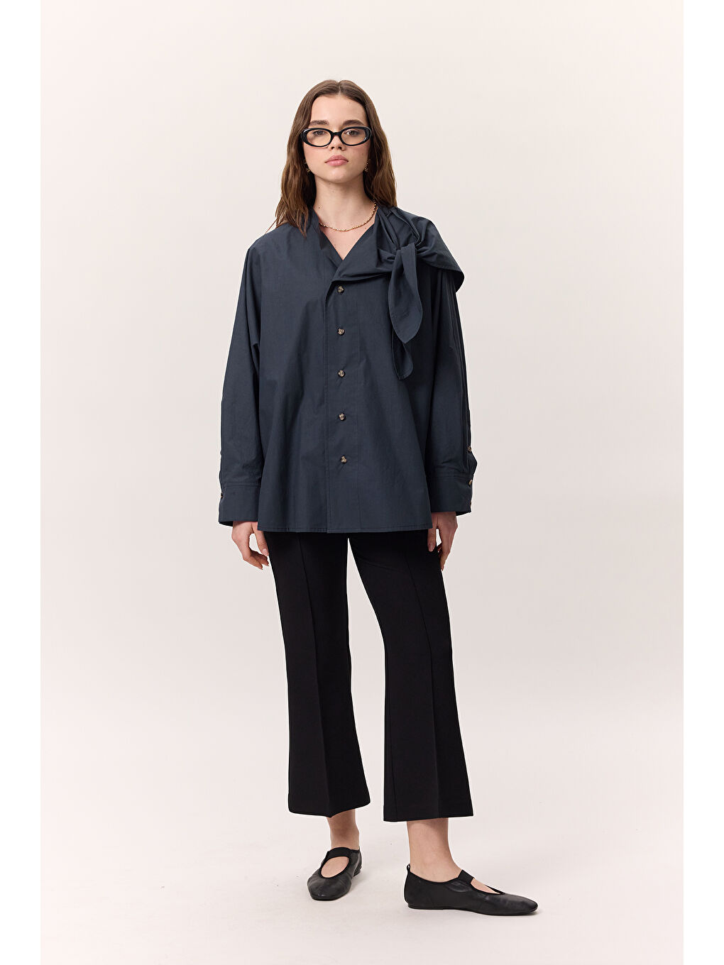 Bağlamalı Detaylı Tasarım Gömlek Lacivert-4