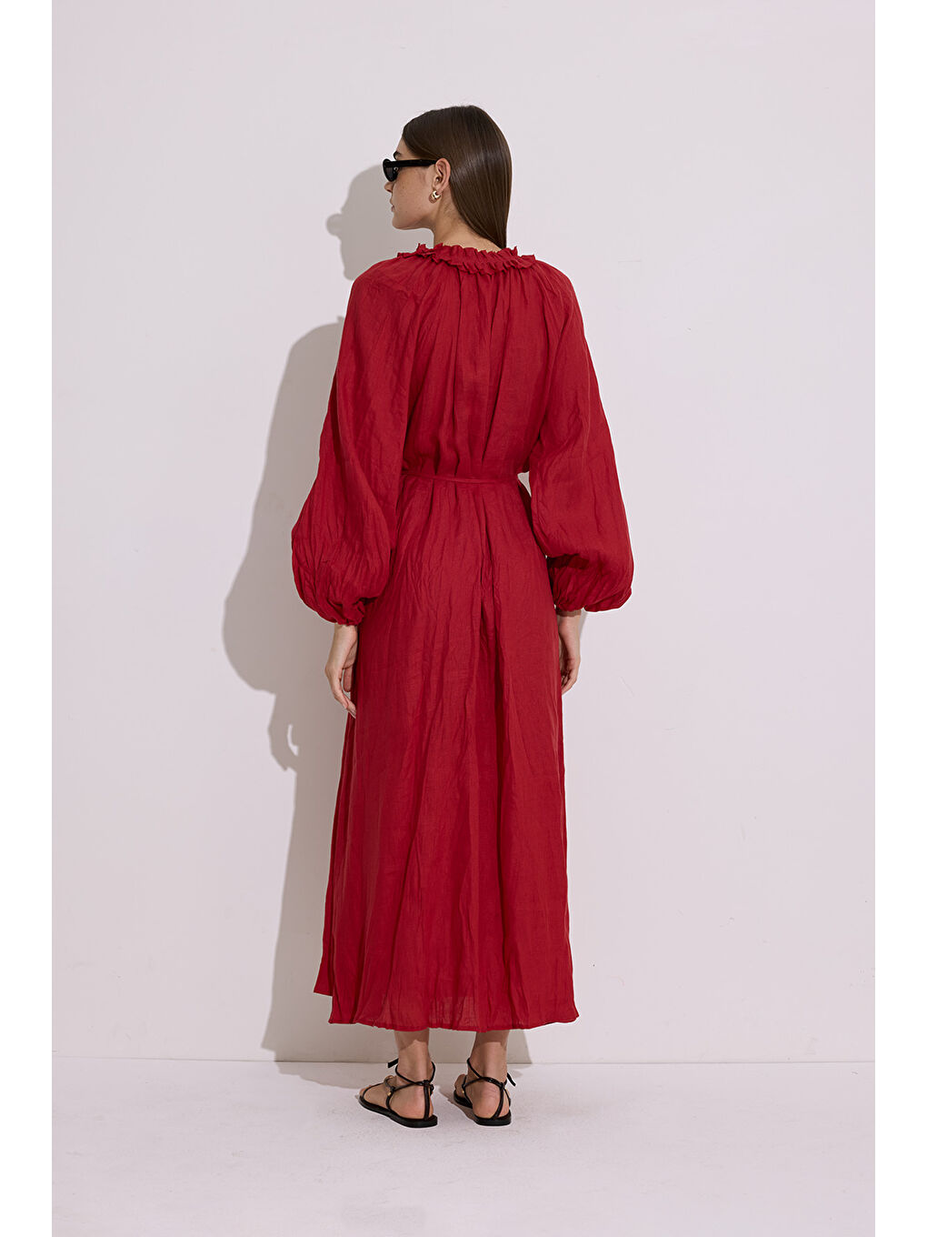 Yakası Büzgülü Keten Geniş Elbise Kırmızı-5