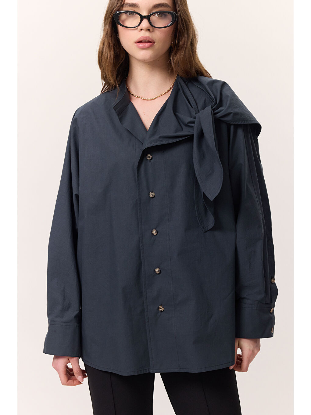 Bağlamalı Detaylı Tasarım Gömlek Lacivert-5