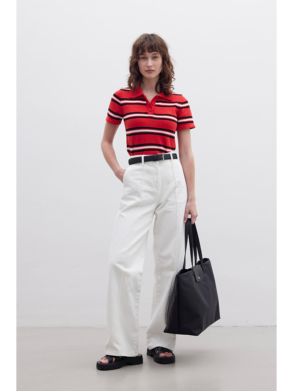 Retro Çizgili Triko Bluz Kırmızı-1