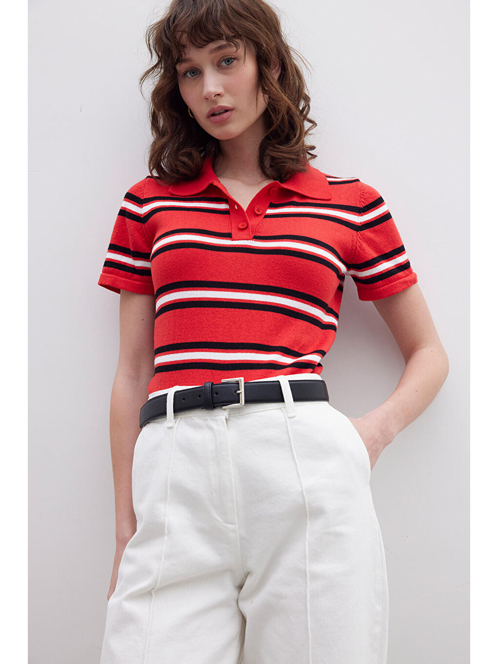 Retro Çizgili Triko Bluz Kırmızı-2