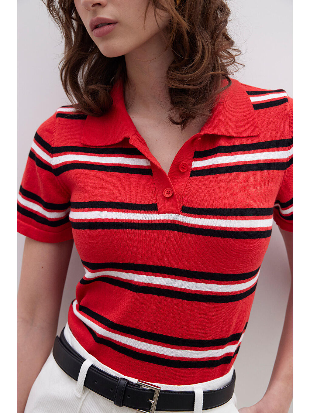 Retro Çizgili Triko Bluz Kırmızı-3