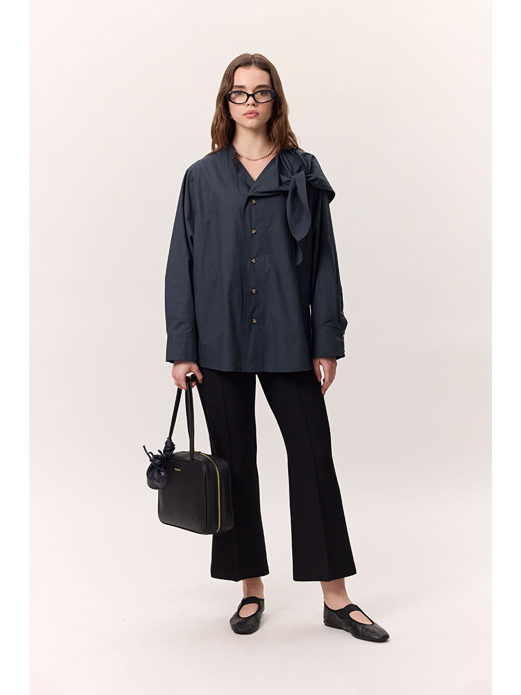 Bağlamalı Detaylı Tasarım Gömlek Lacivert-7