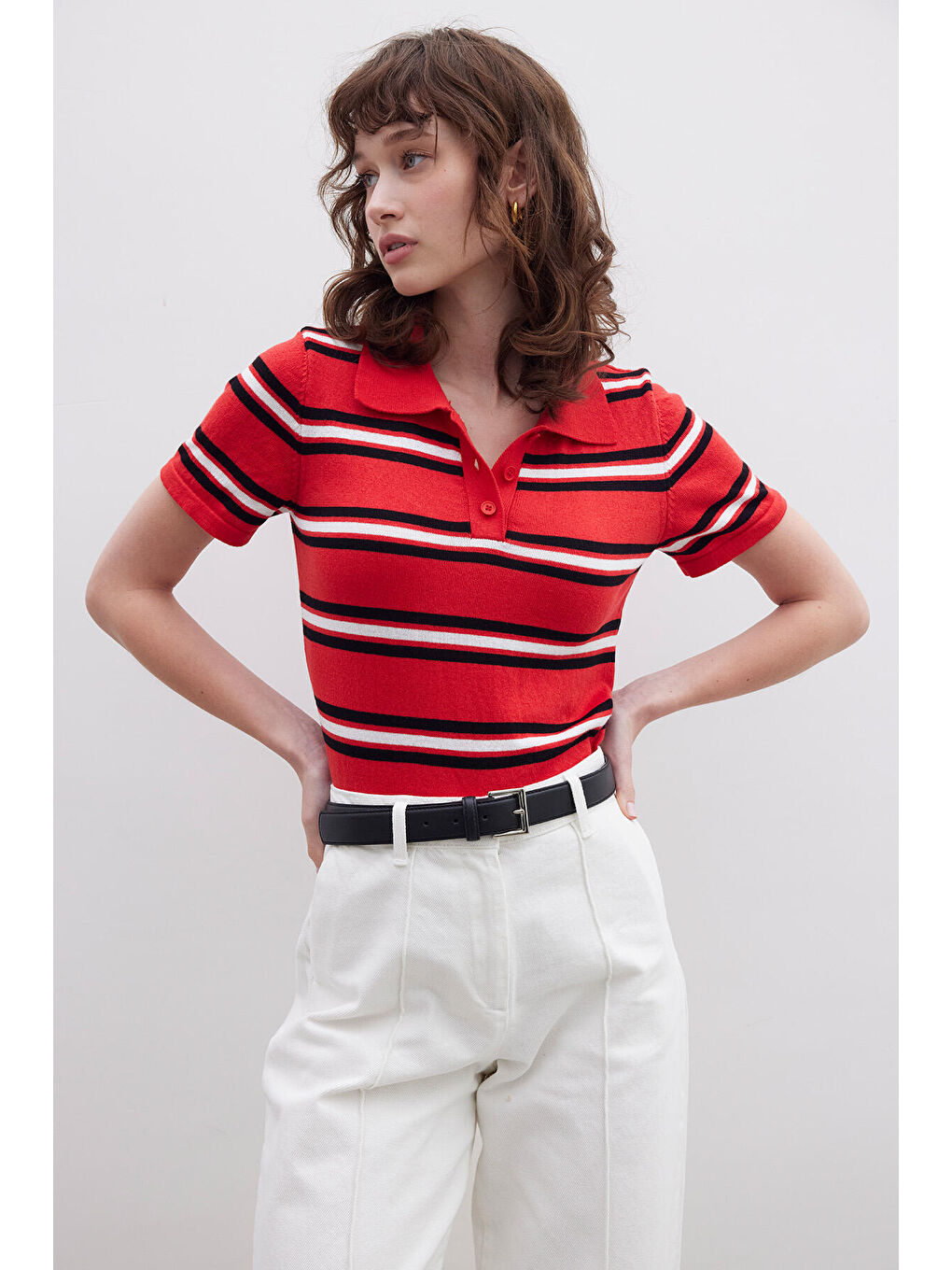 Retro Çizgili Triko Bluz Kırmızı-4