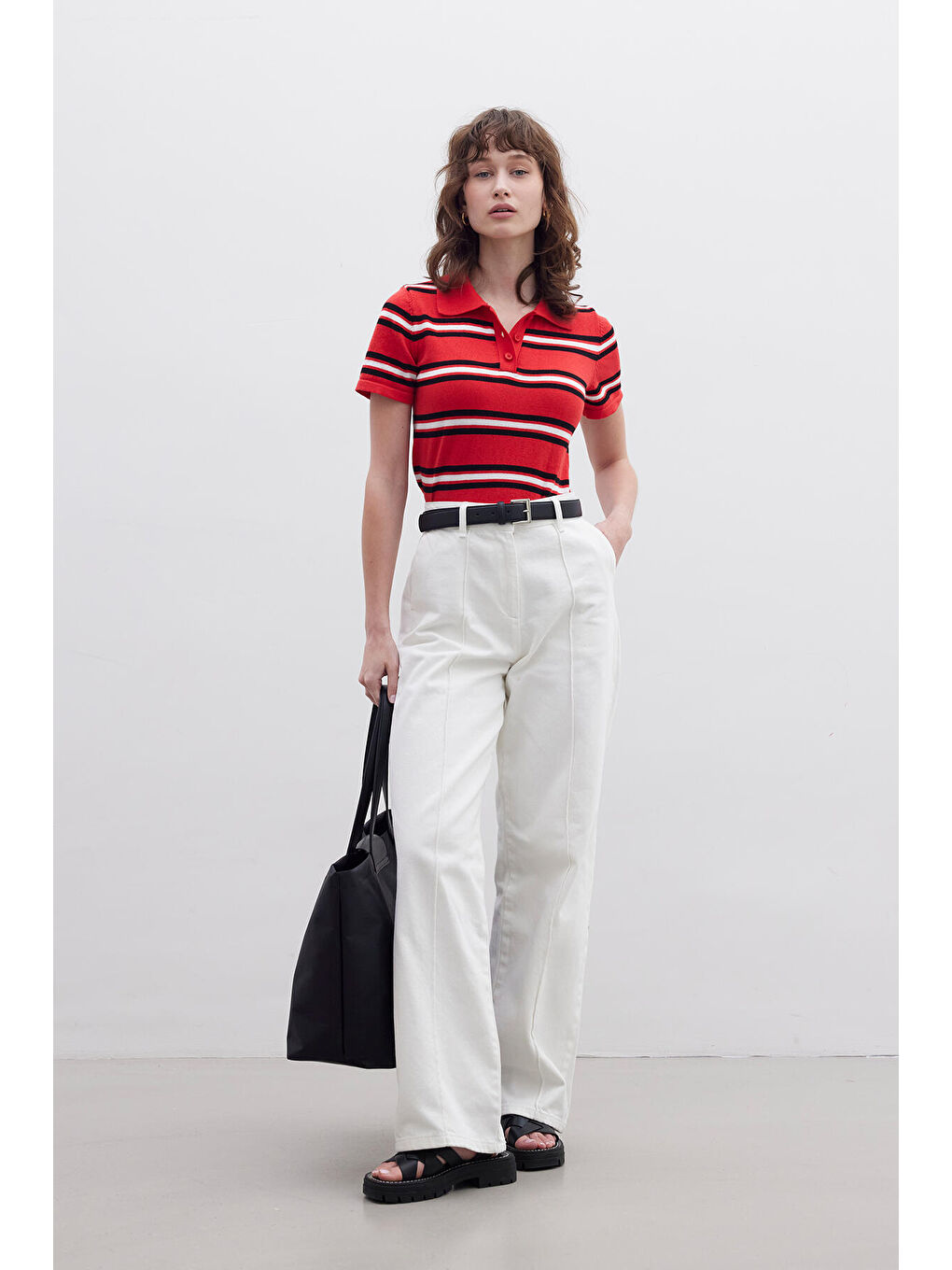 Retro Çizgili Triko Bluz Kırmızı-5