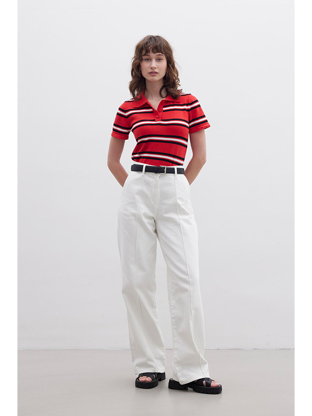 Retro Çizgili Triko Bluz Kırmızı-6