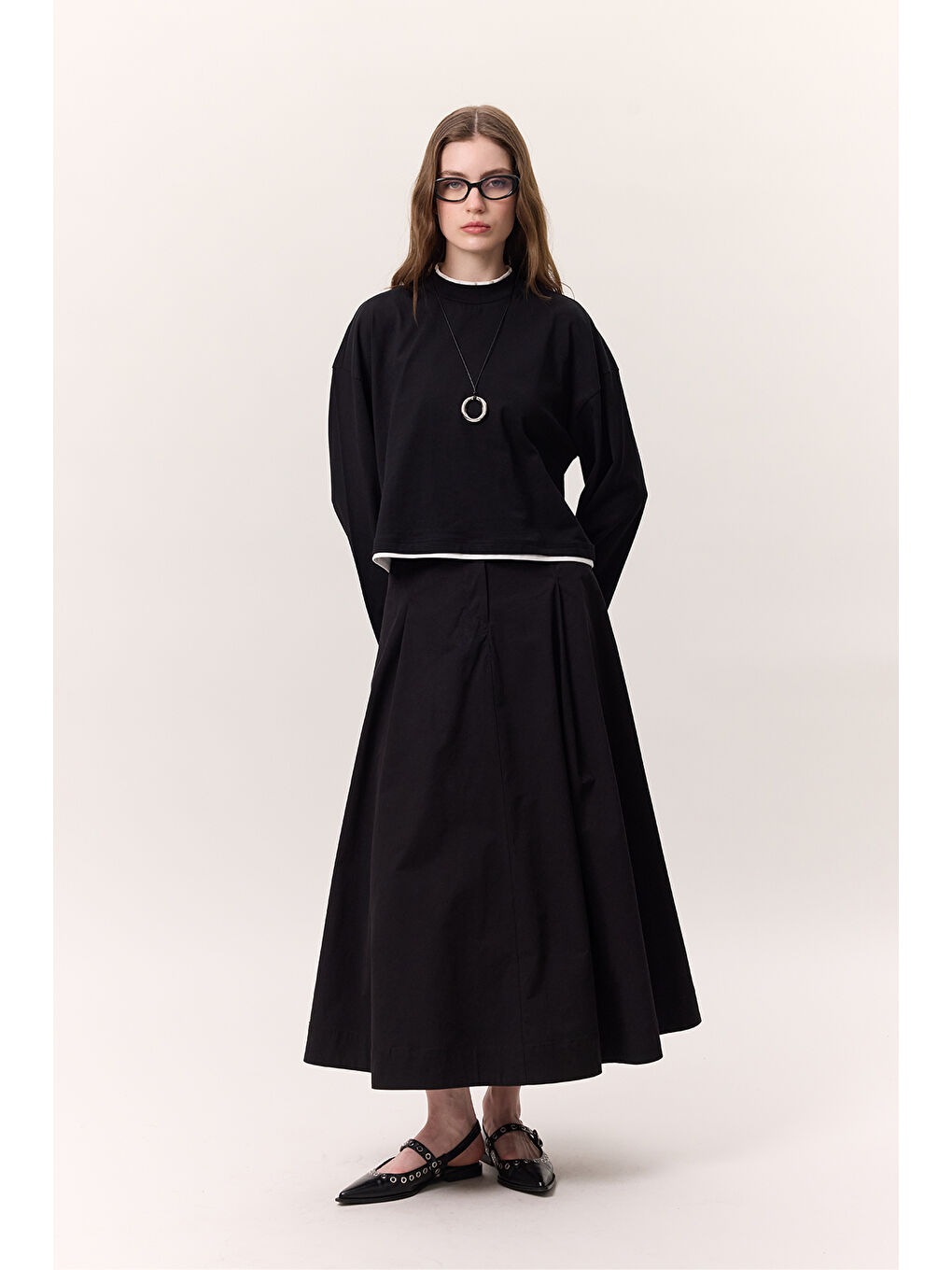 Cep Detaylı Geniş Etek Siyah-1