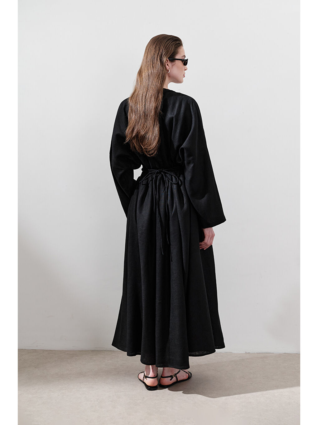 Keten Pile Detaylı Elbise Siyah-6