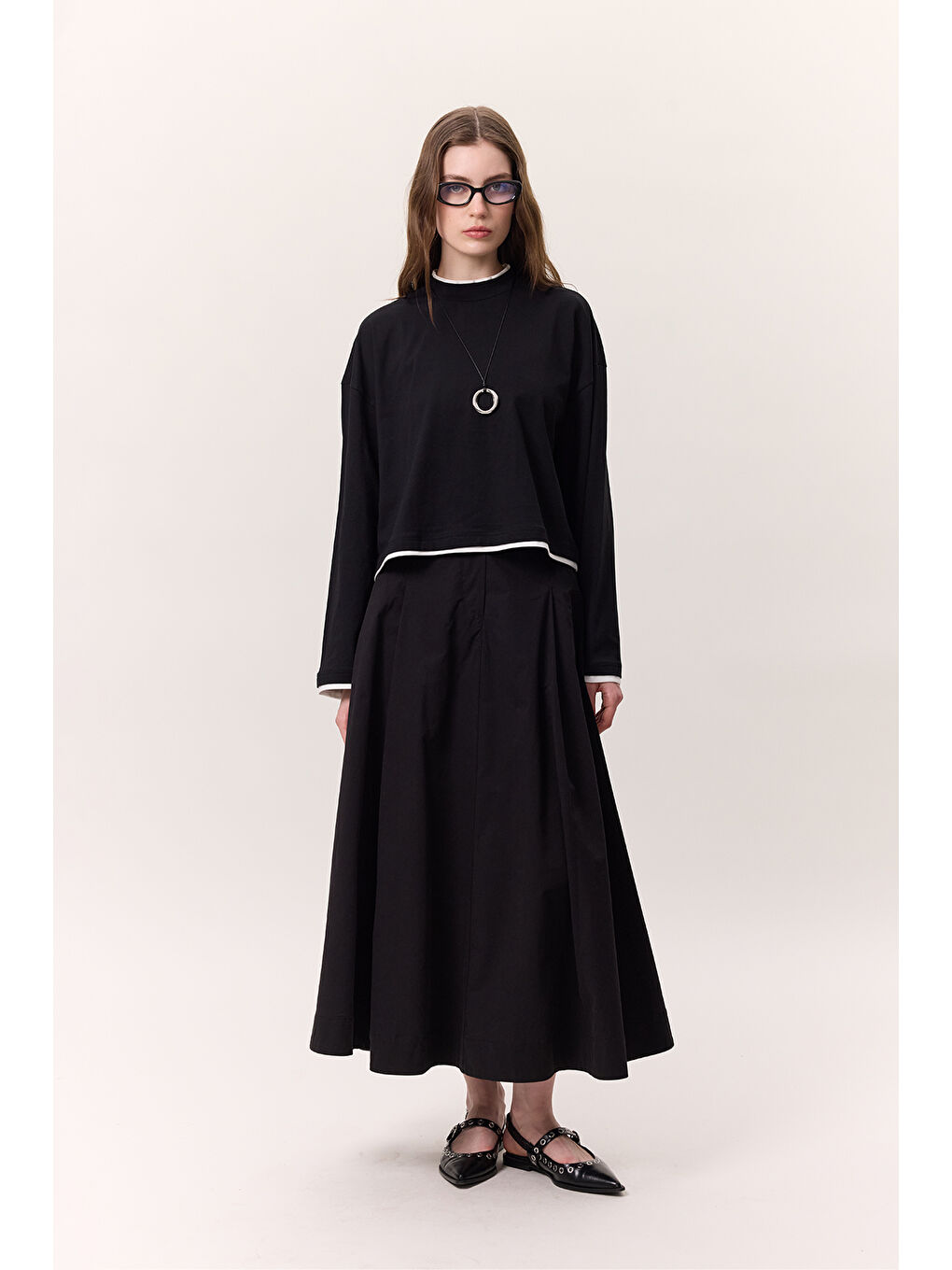 Cep Detaylı Geniş Etek Siyah-2