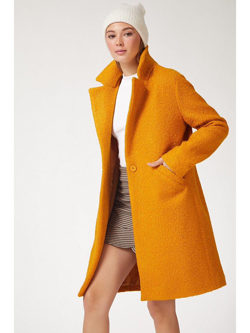 Sarı Kadın Hardal Tek Düğmeli Çift Cepli Astarlı Buklet Kaşe Kaban HZL22W-BD190821