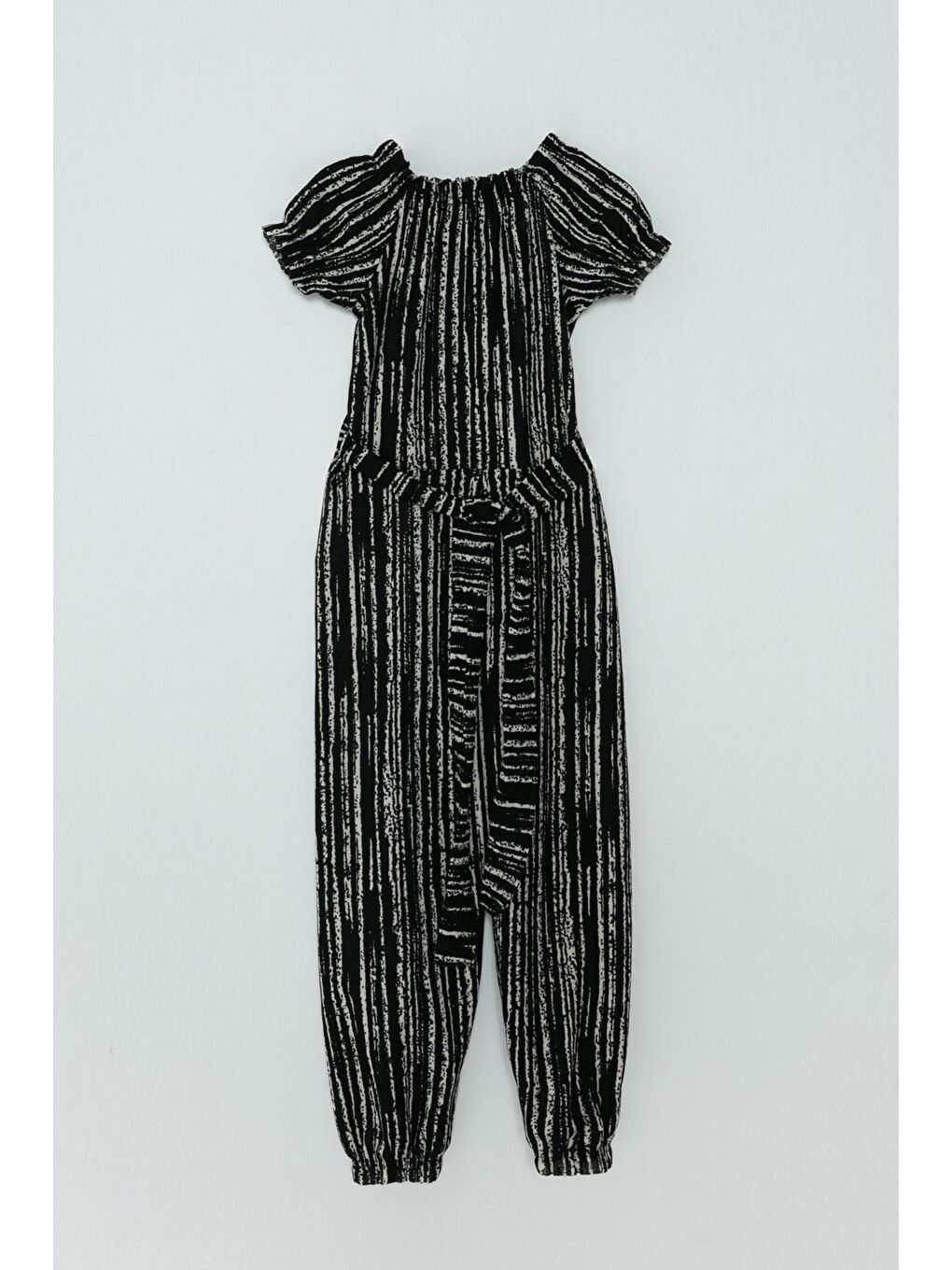 Siyah Lastikli Yaka Kuşaklı Çizgili Kız Çocuk Tulum