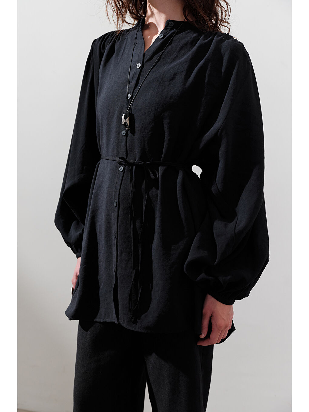 Lyocell Büzgülü Tunik Siyah-1