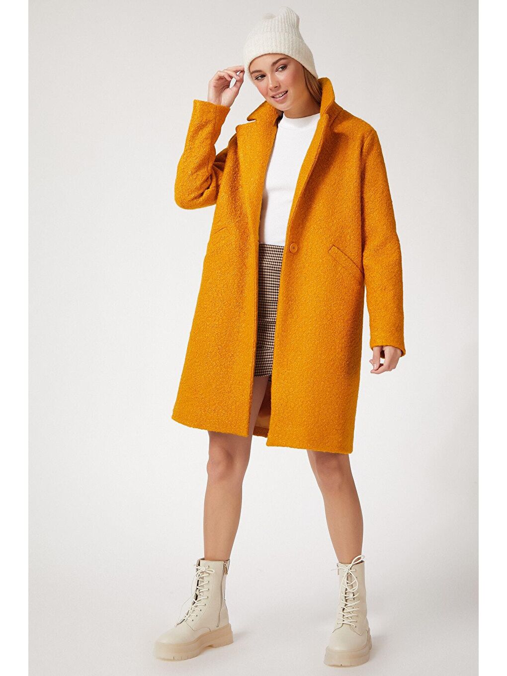 Sarı Kadın Hardal Tek Düğmeli Çift Cepli Astarlı Buklet Kaşe Kaban HZL22W-BD190821-1