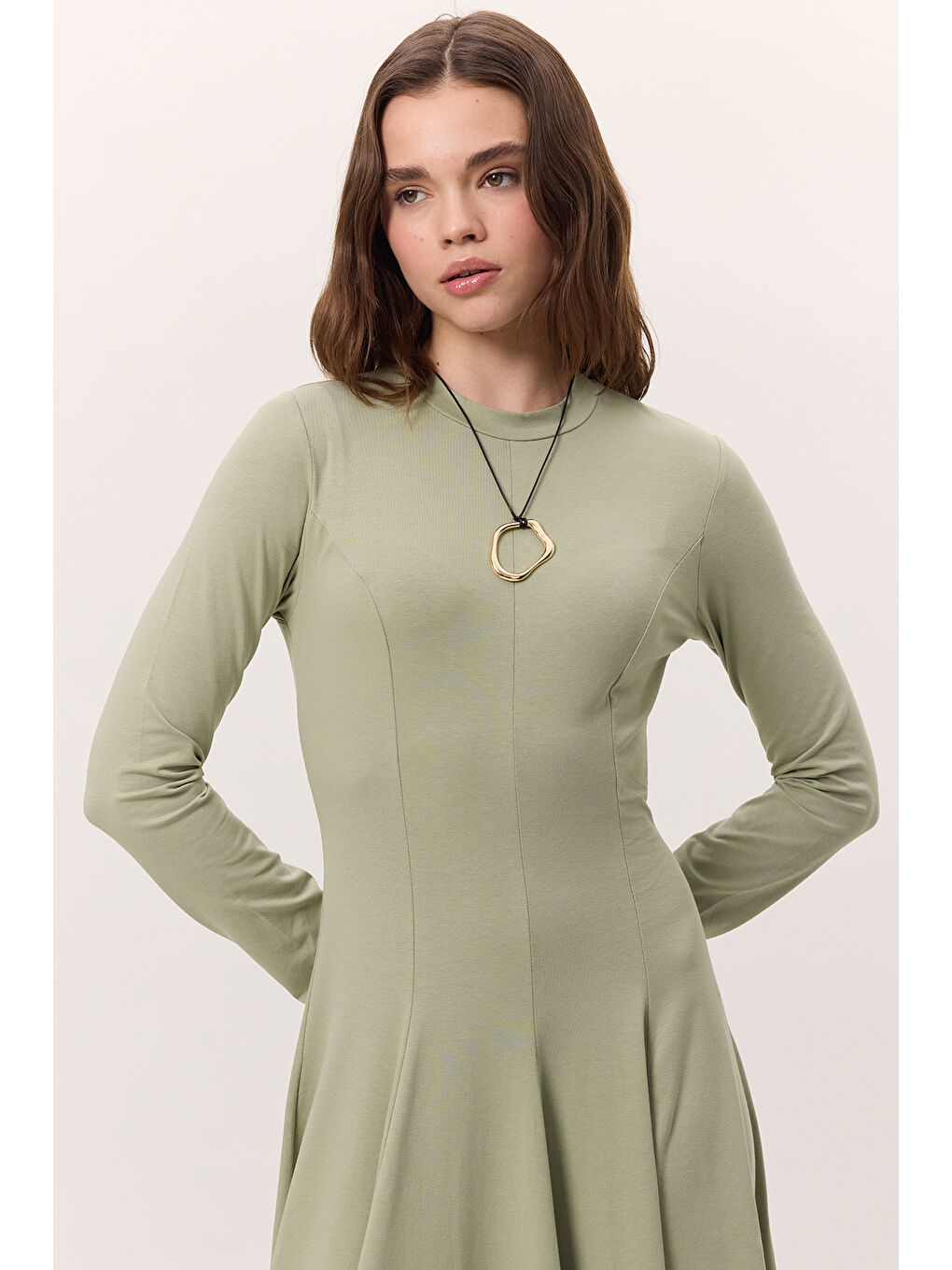 Kuplu Uzun Kollu Elbise Yeşil-1