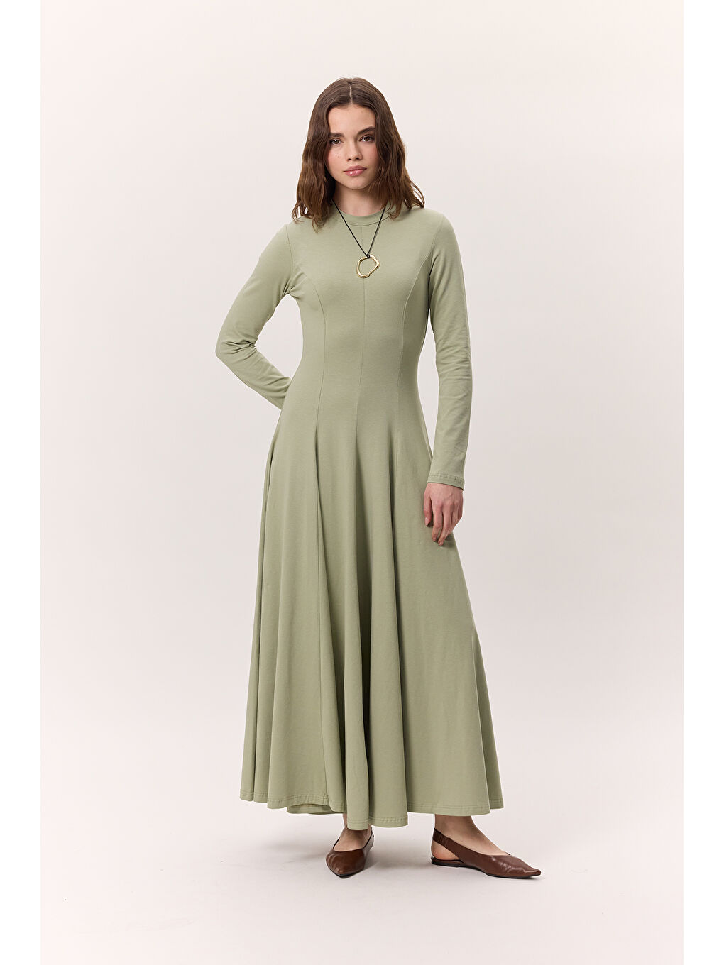 Kuplu Uzun Kollu Elbise Yeşil-2