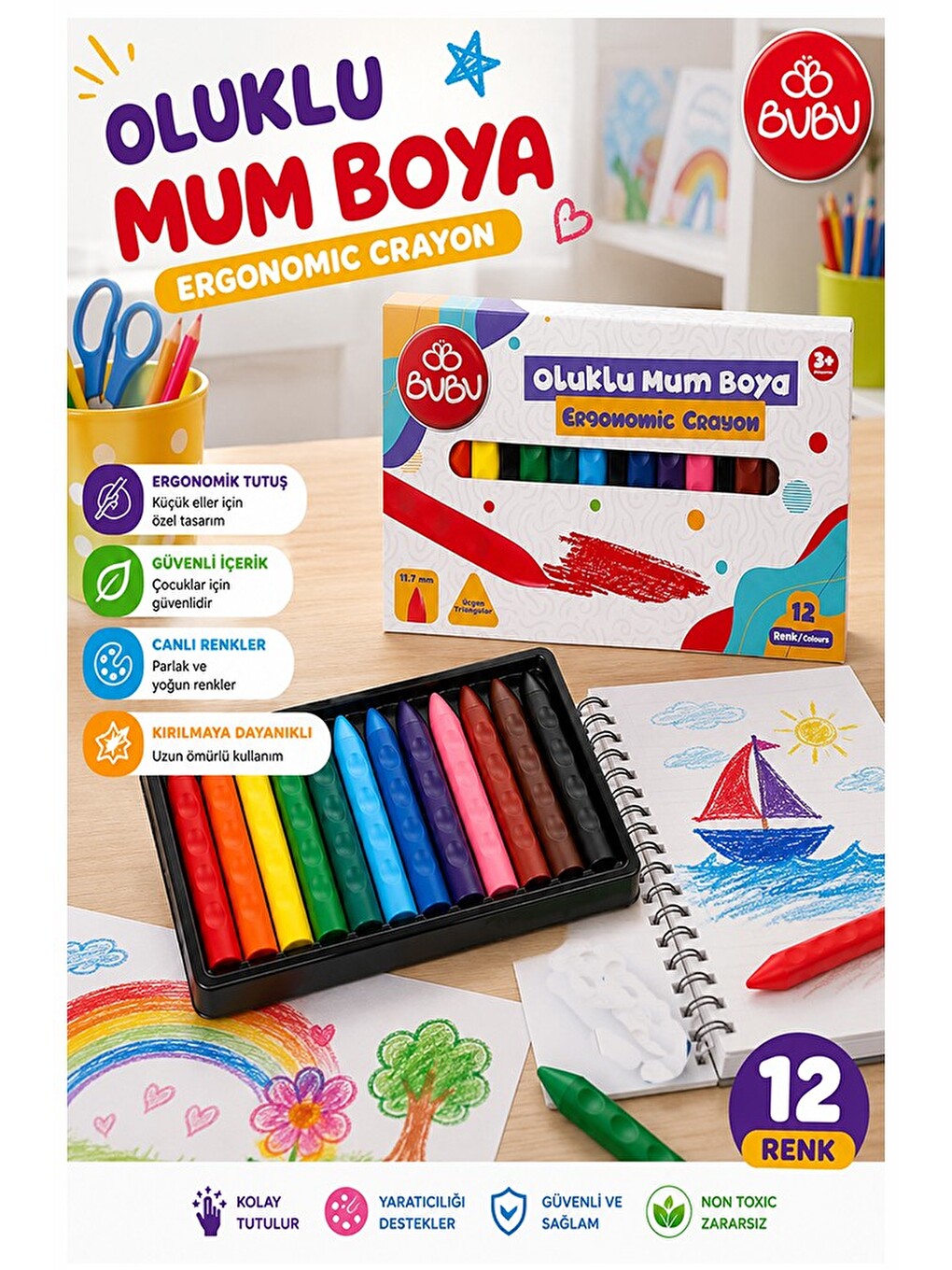 Oluklu Mum Boya 12 Li 1 Paket Bubu 12 Renk Mumboya Elleri Kirletmeyen Yıkanabilir Silinebilir Karton