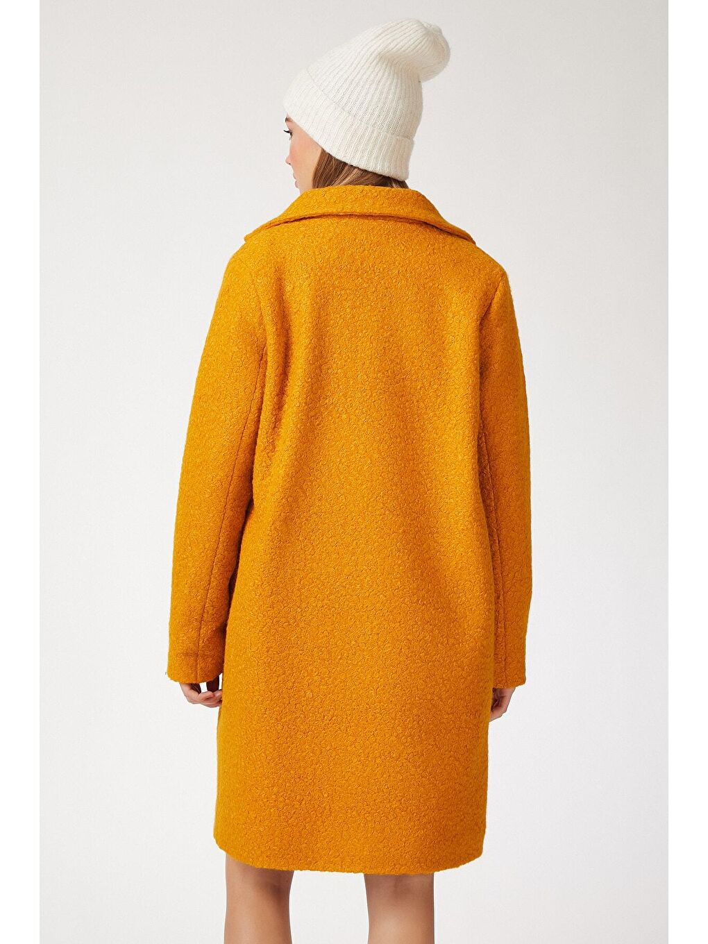 Sarı Kadın Hardal Tek Düğmeli Çift Cepli Astarlı Buklet Kaşe Kaban HZL22W-BD190821-2