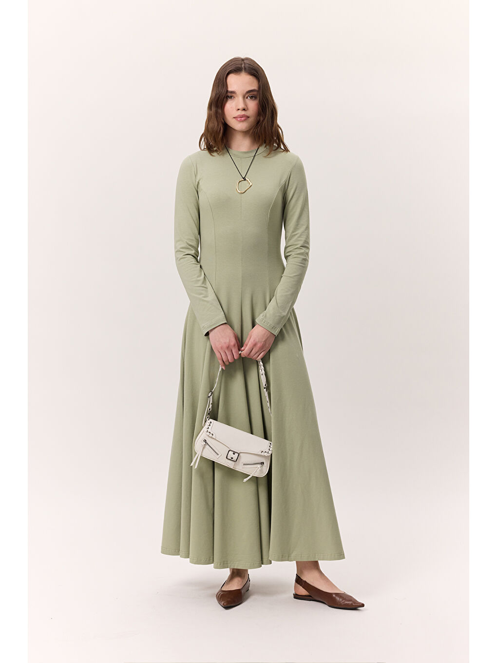 Kuplu Uzun Kollu Elbise Yeşil-3