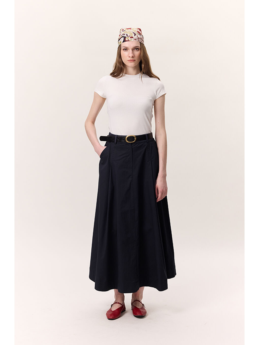 Cep Detaylı Geniş Etek Lacivert-5