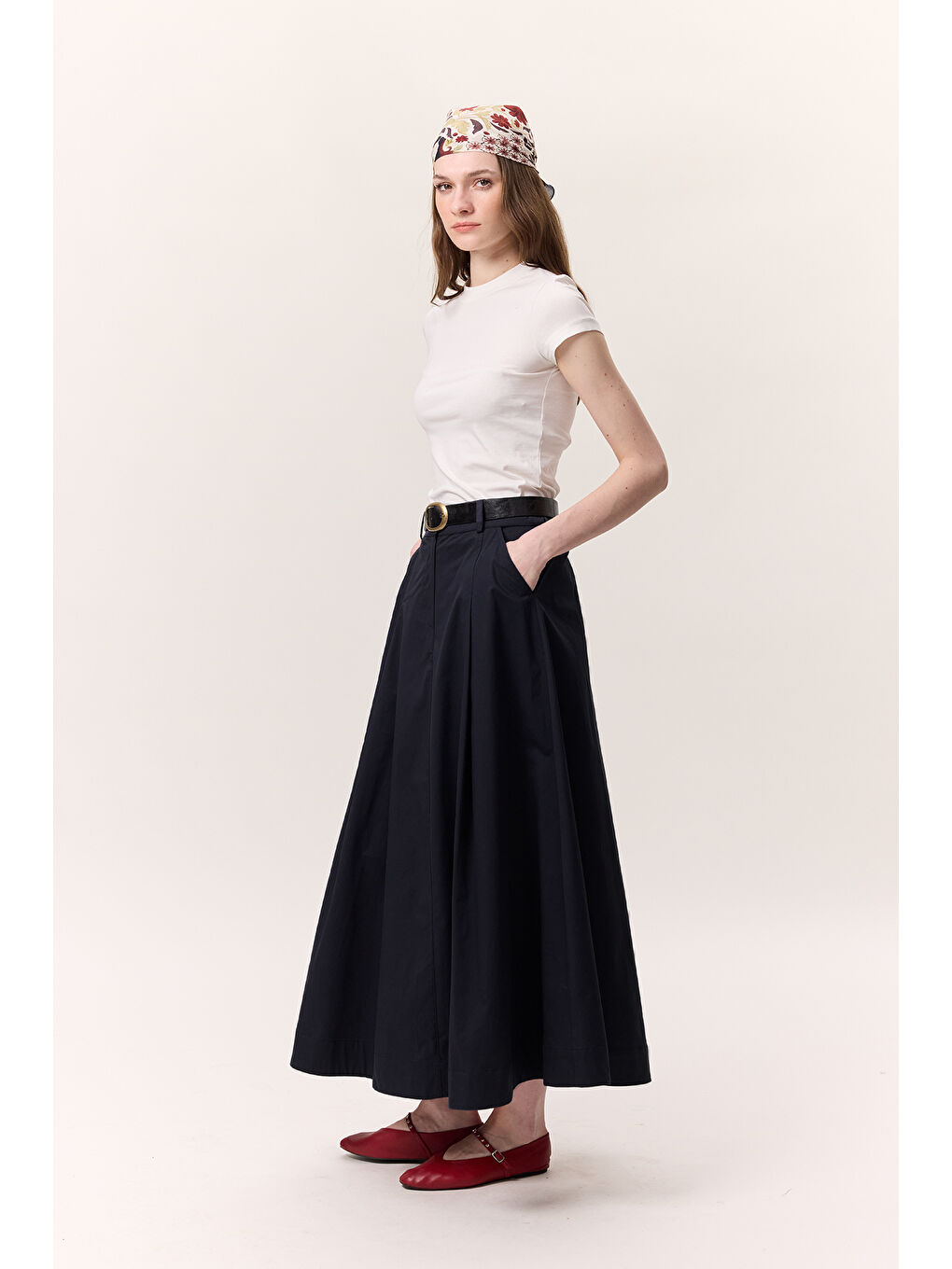 Cep Detaylı Geniş Etek Lacivert-6