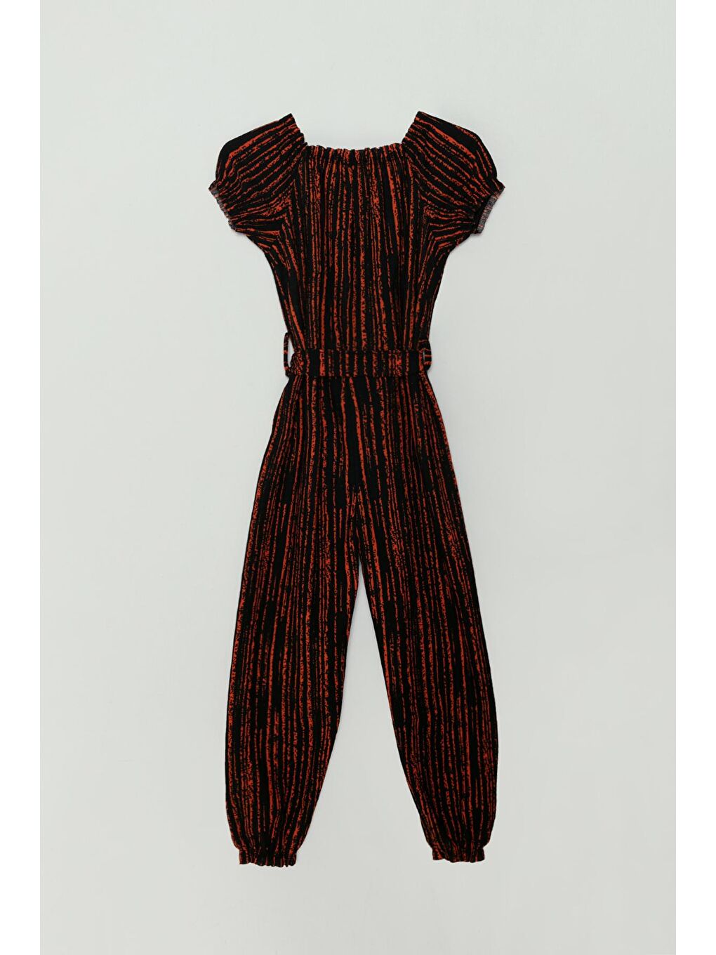 Turuncu Lastikli Yaka Kuşaklı Çizgili Kız Çocuk Tulum