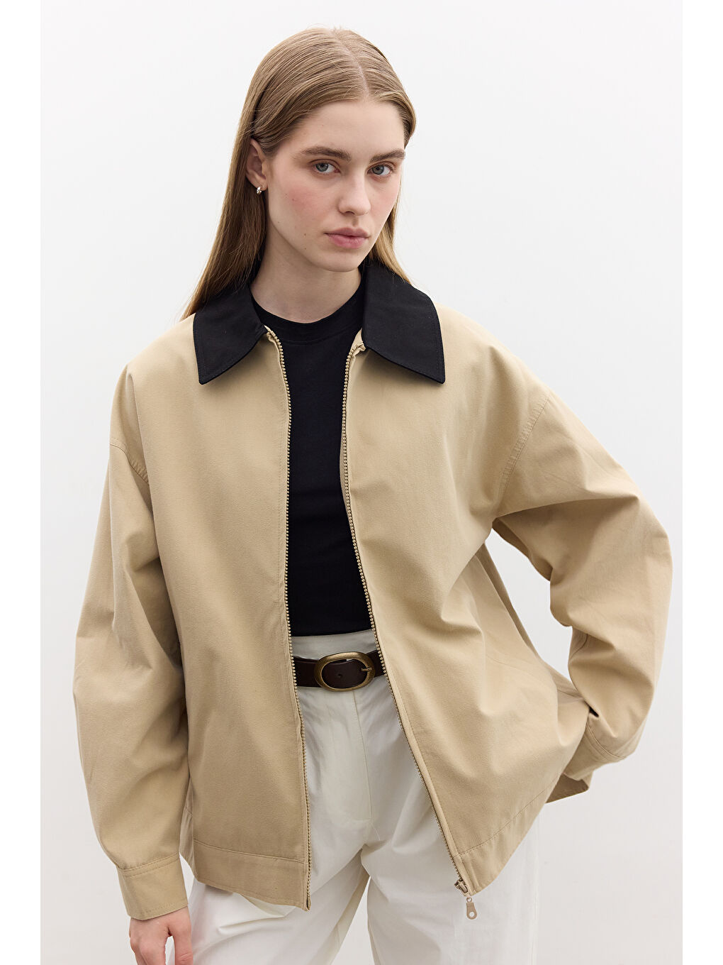 Kahverengi Kontrast Yakalı Gabardin Ceket Camel-1