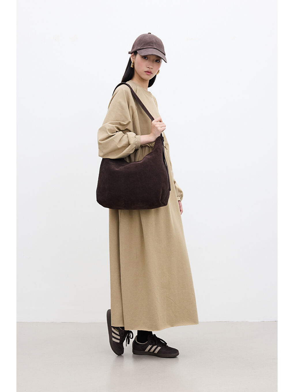 Kahverengi Oversize Büzgülü Elbise Camel-1