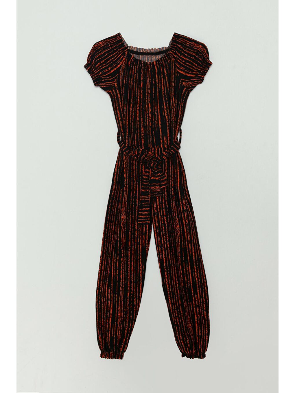 Turuncu Lastikli Yaka Kuşaklı Çizgili Kız Çocuk Tulum-1