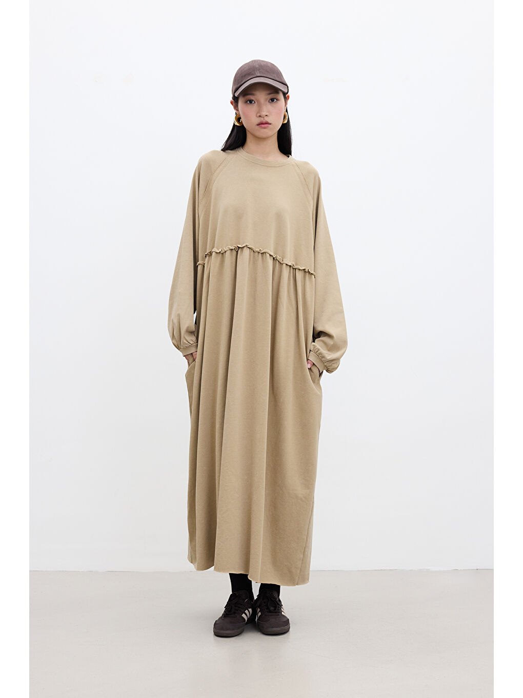 Kahverengi Oversize Büzgülü Elbise Camel-2