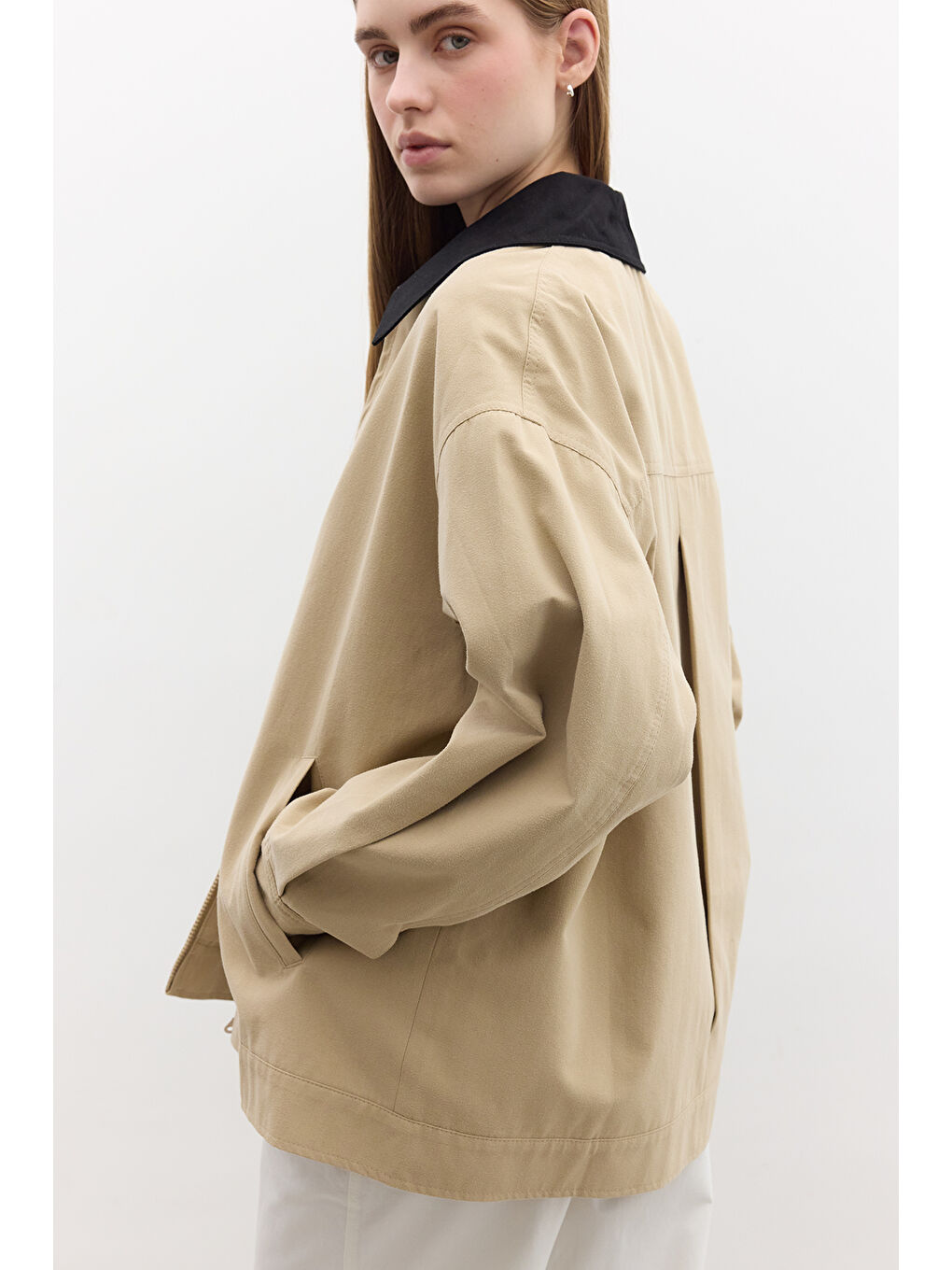 Kahverengi Kontrast Yakalı Gabardin Ceket Camel-3