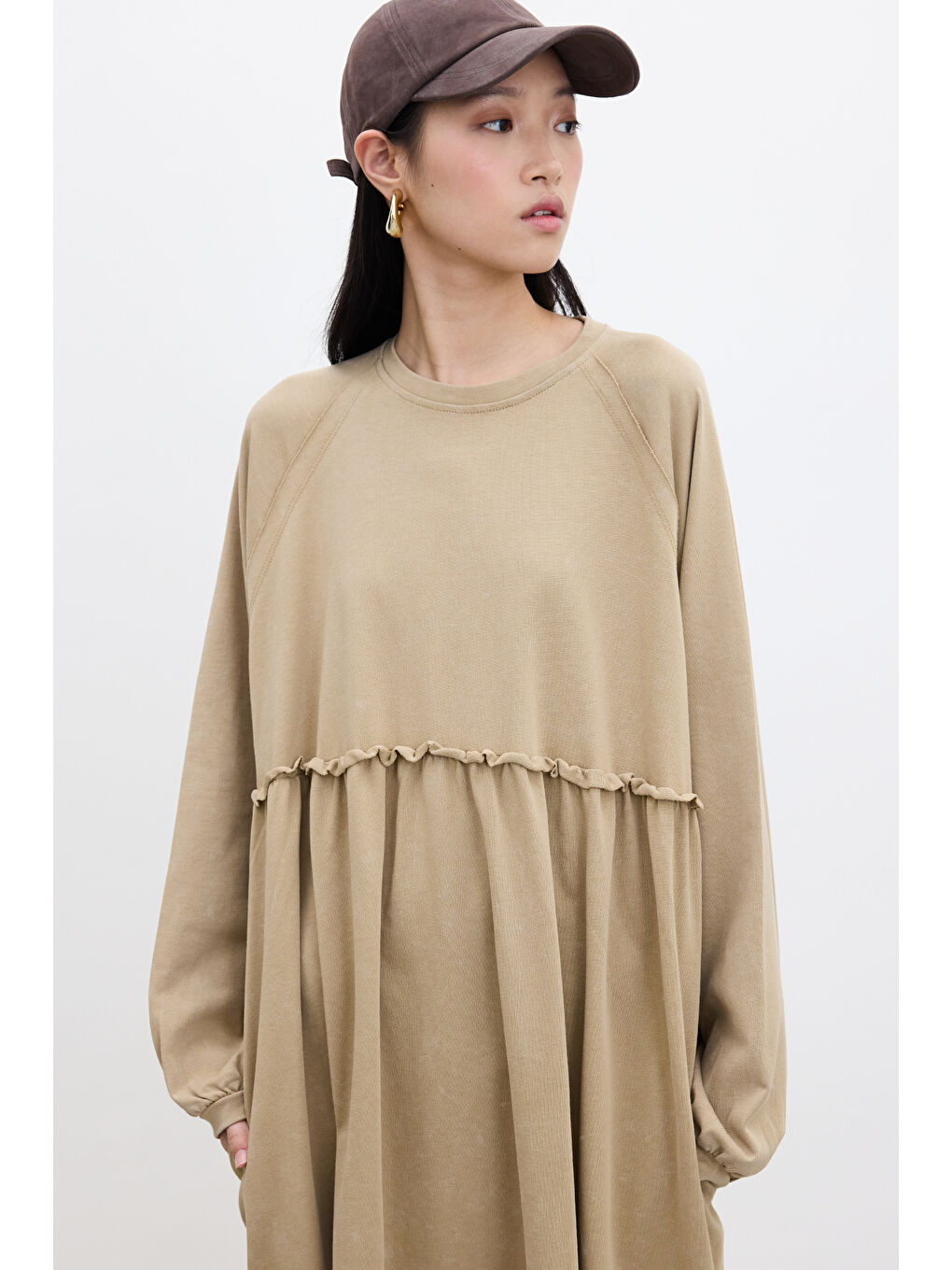 Kahverengi Oversize Büzgülü Elbise Camel-3