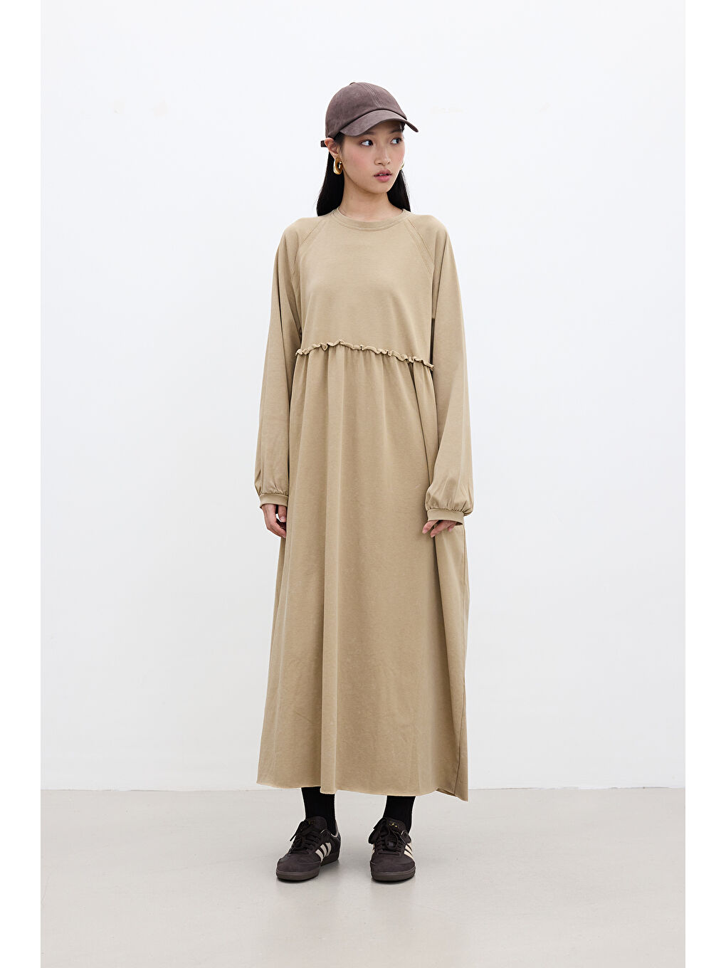 Kahverengi Oversize Büzgülü Elbise Camel-4