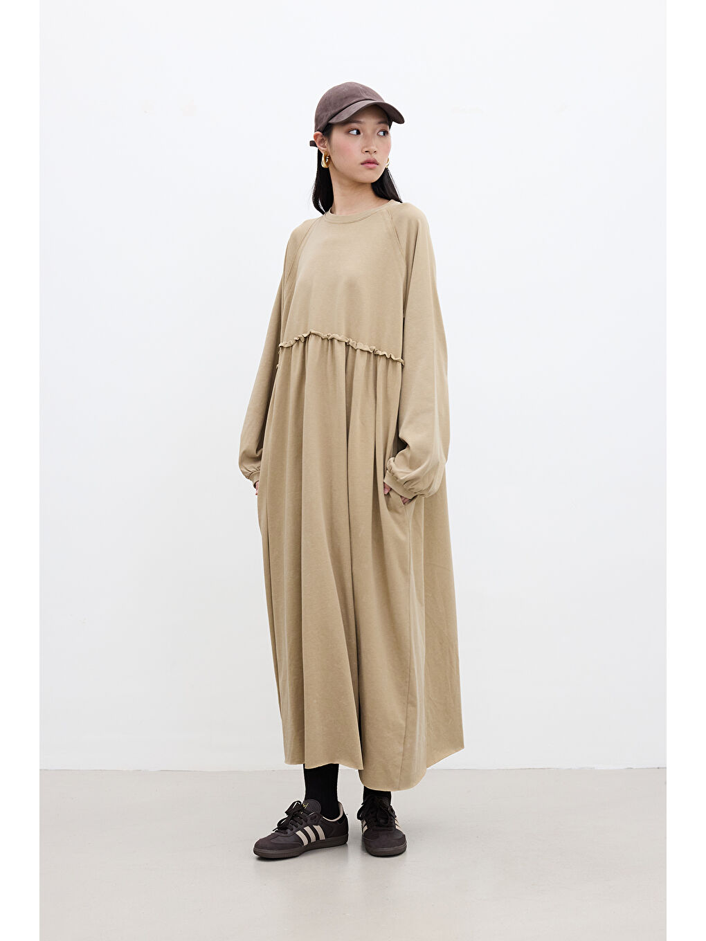 Kahverengi Oversize Büzgülü Elbise Camel-5