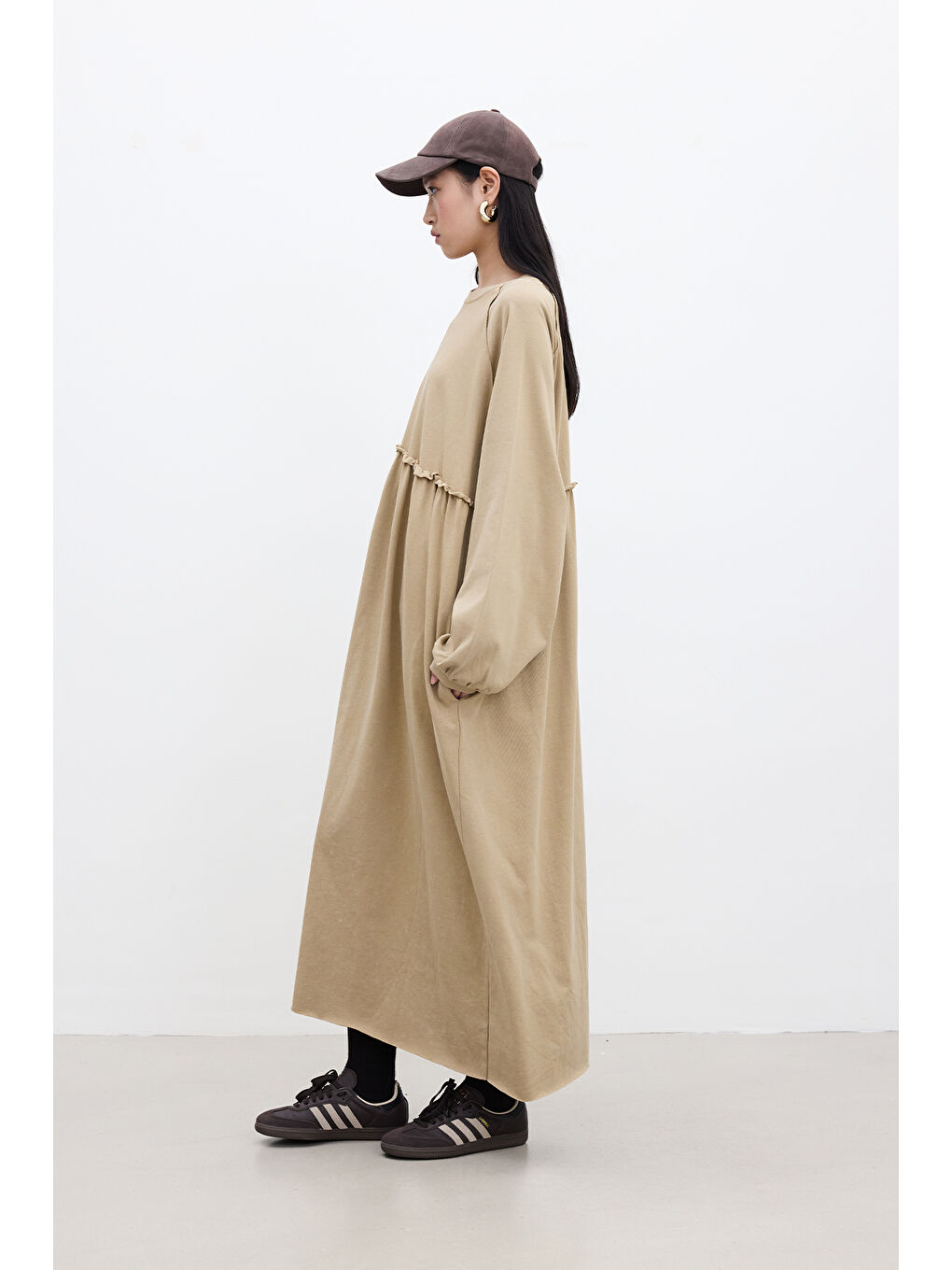 Kahverengi Oversize Büzgülü Elbise Camel-6