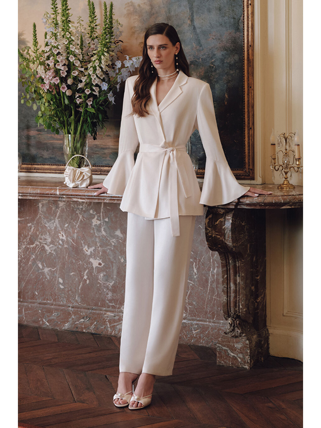 Bej Geniş Paça Saten Abiye Pantolon Vanilya