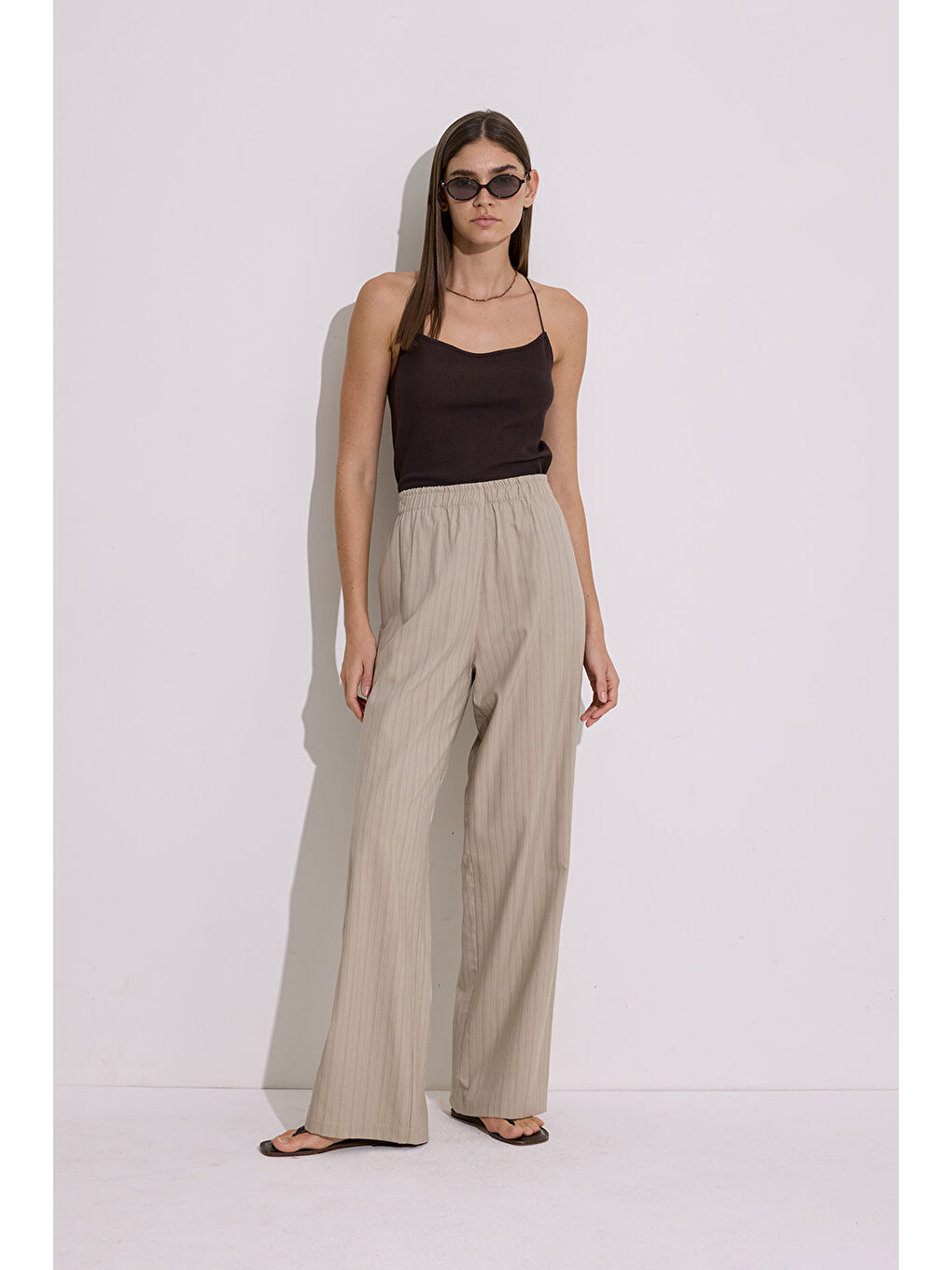 Çizgili Beli Lastikli Pantolon Bej-3