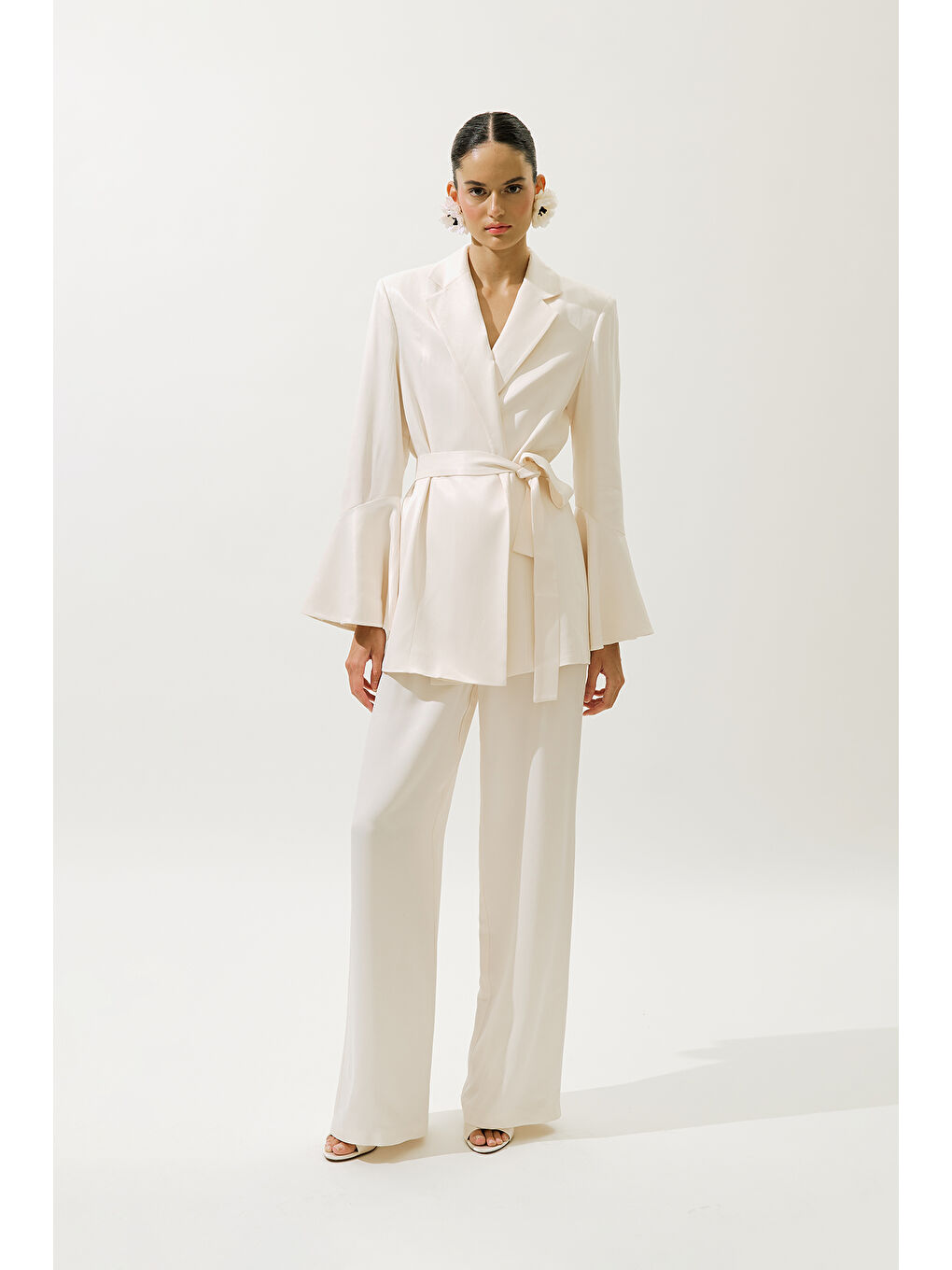 Bej Geniş Paça Saten Abiye Pantolon Vanilya-1