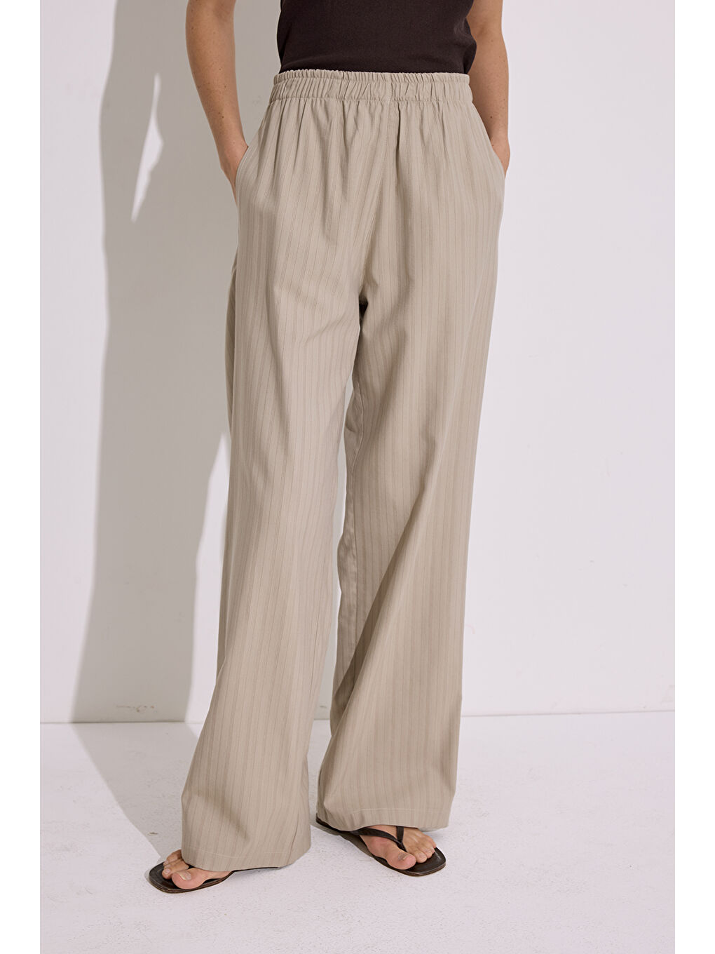 Çizgili Beli Lastikli Pantolon Bej-6