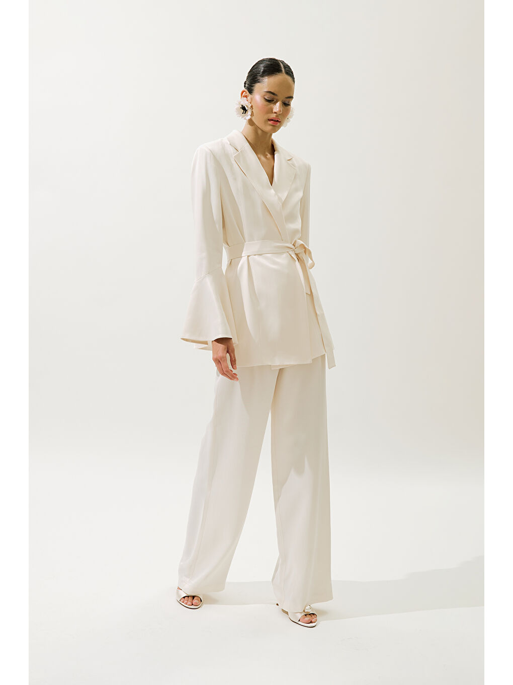 Bej Geniş Paça Saten Abiye Pantolon Vanilya-2