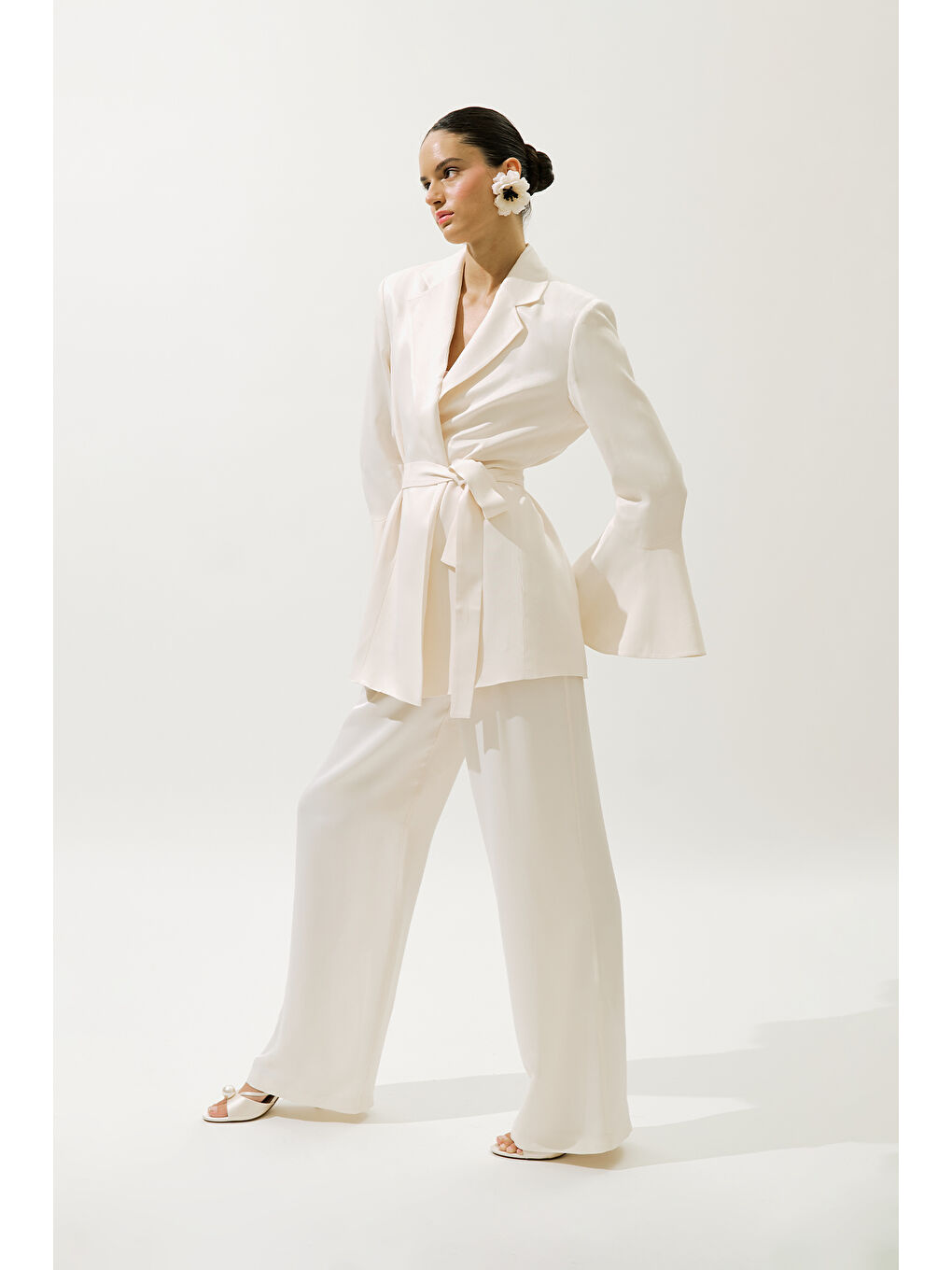 Bej Geniş Paça Saten Abiye Pantolon Vanilya-3