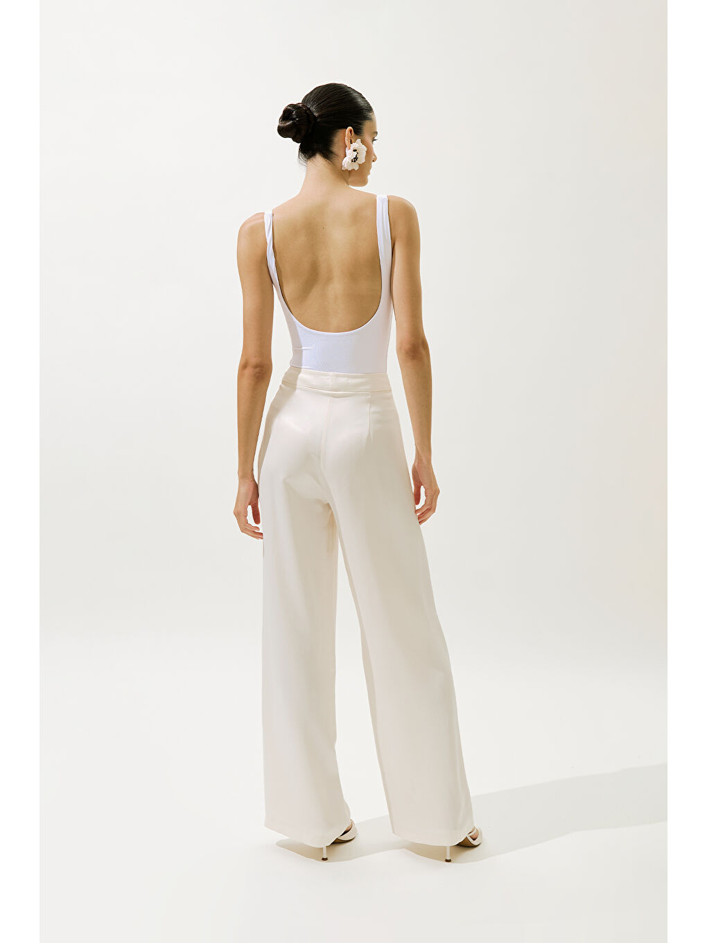 Bej Geniş Paça Saten Abiye Pantolon Vanilya-7