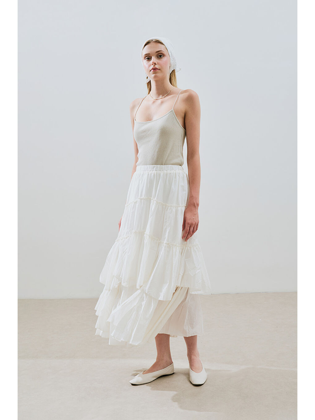 Katlı Boho Vual Etek Ekru-1