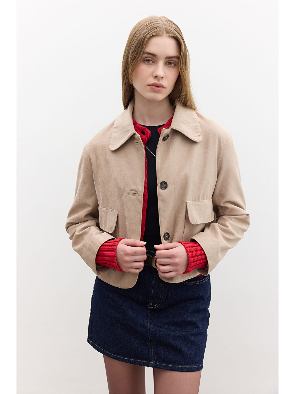 Bej Suni Süet Kısa Ceket Kum