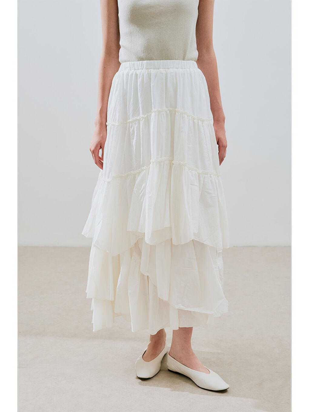 Katlı Boho Vual Etek Ekru-4